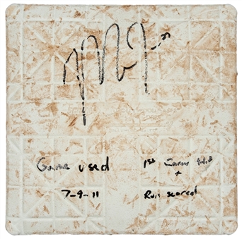 2011 Game Used 2nd Base Signed and Inscribed by Mike Trout (1st Career Hit Game) (MLB Auth/JSA)